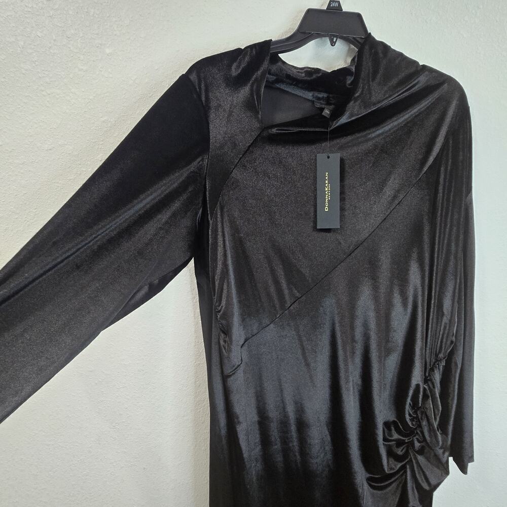 Donna Karan Plus Size 24W Black Satin Velvet Ruched Midi Dress Long Sleeve Party - Picture 8 of 14